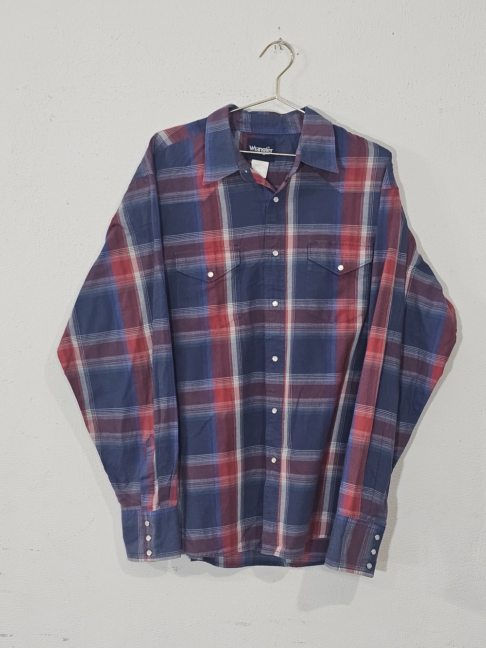 Vintage 90s Wrangler Western Shirt Mens XL Blue Red Plaid Long Sleeve Pearl Snap
